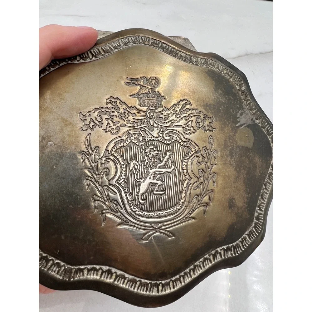 VTG Footed Silver Tone Jewelry Trinket Box Coat of Arms Crest Lion Legs